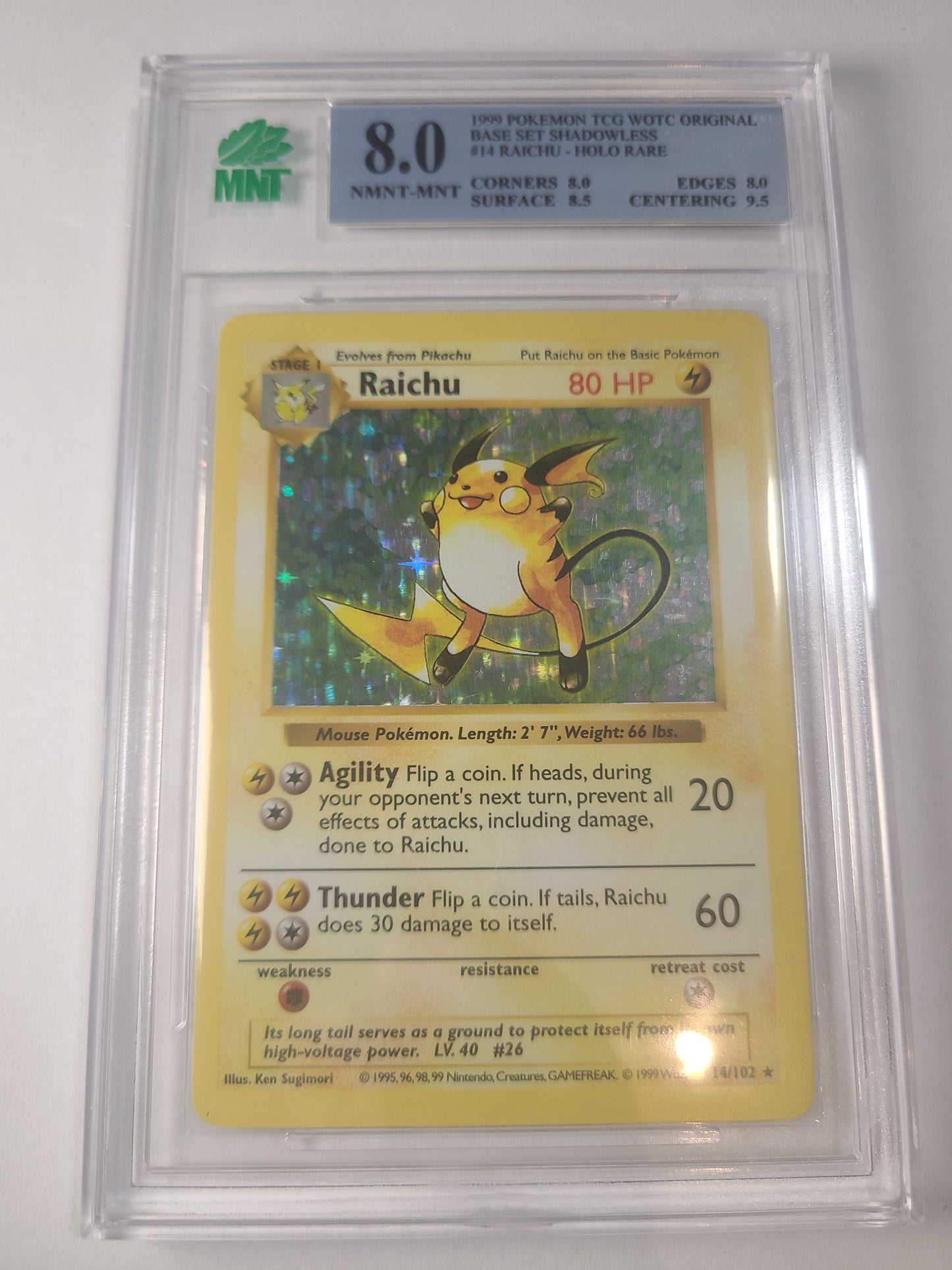 Raichu Shadowless Base Set MNT Graded 8